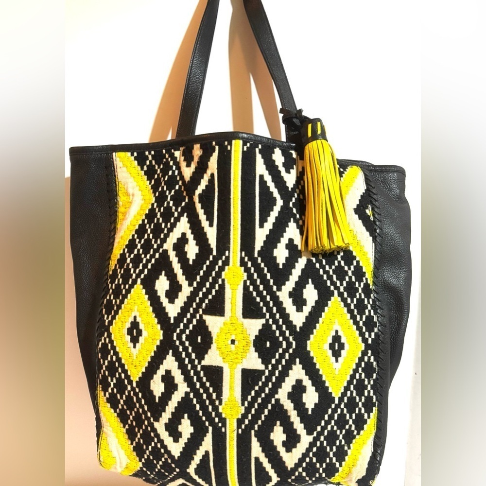 Rebecca Mankoff Black woven canvas  leather and Yellow Patterned Tote Bag